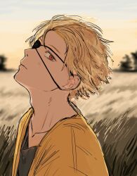  1boy blonde_hair blurry blurry_background brown_eyes chainsaw_man commentary_request denji_(chainsaw_man) eyepatch field green_shirt highres looking_at_viewer mekill215280 open_clothes open_shirt orange_shirt shirt sky solo 