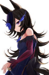  1girl absurdres animal_ears bare_shoulders blue_flower blue_hat blue_rose breasts brown_hair closed_mouth commentary_request dagger dress eye_trail flipped_hair flower fur_choker hair_over_one_eye hat hat_flower highres horse_ears horse_girl horse_tail knife light_trail long_hair long_sleeves looking_at_viewer niros off-shoulder_dress off_shoulder rice_shower_(rosy_dreams)_(umamusume) rice_shower_(umamusume) rose sheath sheathed simple_background small_breasts solo tail tilted_headwear umamusume violet_eyes weapon white_background 