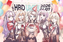  5girls absurdres balloon bang_dream! bang_dream!_it's_mygo!!!!! birthday_cake black_corset black_hair black_pants blonde_hair blue_eyes blue_hair breasts cake closed_eyes confetti corset english_text food green_hair happy_birthday hat highres long_hair long_skirt long_sleeves looking_at_viewer medium_breasts misumi_uika multiple_girls neonfloyd pants party_hat purple_hair short_hair simple_background skirt small_breasts tearing_up togawa_sakiko violet_eyes wakaba_mutsumi white_background yahata_umiri yellow_eyes yuutenji_nyamu 