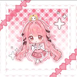  1girl :3 :o absurdly_long_hair ahoge animal animal_ears animal_on_head bare_shoulders belt black_belt black_bow black_ribbon border bow bow_choker bowtie bra_strap brown_eyes cat cat_ears cat_on_head cat_tail chibi chinese_commentary choker closed_mouth clothed_animal commentary_request curious drawn_ears drawn_tail drawn_whiskers ear_covers eyelashes frilled_shirt frilled_skirt frilled_sleeves frills gradient_background hair_bow hair_intakes hair_ribbon halftone happy heart heart_background hood hood_up infinity_nikki kneehighs layered_skirt light_blush long_hair long_sidelocks long_sleeves looking_ahead low_twintails mary_janes medium_skirt momo_(nikki) nikki_(nikki) nikki_(series) off-shoulder_shirt off_shoulder on_head open_mouth outline perfect_start_(infinity_nikki) picture_frame pink_background pink_bow pink_bowtie pink_choker pink_hair pink_shoes pink_skirt plaid_bow print_skirt puffy_long_sleeves puffy_sleeves ribbon ribbon-trimmed_shirt ribbon_print ribbon_trim shirt shoes sidelocks single_stripe skirt sleeves_past_wrists snowflake_print socks solid_oval_eyes sparkle striped_bow striped_bowtie striped_choker striped_clothes tail tareme tress_ribbon twintails two-tone_background variant_set very_long_hair wavy_hair whiskers white_background white_border white_cat white_outline white_shirt white_skirt white_socks yellow_hood yitiaoanjingderyu 