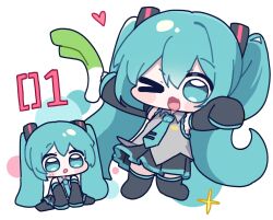  >_o 1girl aqua_eyes aqua_hair aqua_necktie black_sleeves chibi chibi_only commentary_request detached_sleeves double-parted_bangs grey_shirt hatsune_miku headphones headset heart highres long_hair miratsu_(miratsu169) multiple_views necktie one_eye_closed open_mouth puffy_cheeks shirt simple_background sitting sleeveless sleeveless_shirt sparkle spring_onion twintails vocaloid wariza white_background 