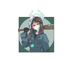  1girl absurdres airi_(blue_archive) airi_(halloween)_(blue_archive) baseball_bat black_gloves blue_archive brown_hair gloves green_eyes green_halo halloween_costume halo highres hockey_mask holding holding_baseball_bat mask mask_on_head official_alternate_costume over_shoulder paint_splatter paint_splatter_on_face solo toucho3691 weapon weapon_over_shoulder 