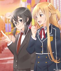  2girls :d absurdres artist_name asada_shino asuna_(sao) black-framed_eyewear black_hair black_jacket black_skirt blue_jacket blue_skirt braid brown_eyes brown_hair city closed_mouth collared_shirt commentary_request dusk grey_eyes half_up_half_down_braid hand_up high-waist_skirt highres jacket long_hair long_sidelocks long_sleeves looking_at_another medium_hair multiple_girls neck_ribbon necktie open_mouth outdoors pleated_skirt pointing red_necktie red_ribbon ribbon rimless_eyewear sao_survivor_school_uniform school_uniform shirt sidelocks skirt smile straight_hair sword_art_online tongue tu_tora2 twitter_username watermark white_shirt white_trim wing_collar 