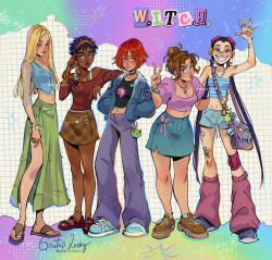 5girls artist_name bag black_hair blonde_hair blue_eyes breasts brown_eyes brown_hair casual cornelia_hale crop_top dark-skinned_female dark_skin east_asian glasses green_eyes gretel_lusky hair_bun hay_lin heart_of_kandrakar highres irma_lair jacket jewelry leg_warmers long_hair long_legs long_skirt long_sleeves looking_at_viewer miniskirt multiple_girls navel necklace off-shoulder_shirt off_shoulder pants plump red_hair rimless_eyewear sandals shirt shoes short_hair short_shorts shorts shoulder_bag side_slit skirt slippers small_breasts taranee_cook v very_long_hair w.i.t.c.h. will_vandom 