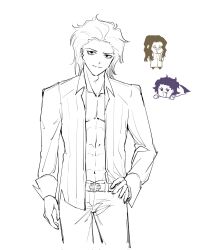  1boy abs belt chibi chibi_inset collared_shirt commentary_request curtained_hair evil_smile facing_viewer fang glasses haman_0110 hand_on_own_hip highres korean_commentary lineart looking_at_viewer male_focus michael_roa_valdamjong michael_roa_valdamjong_(human) open_clothes open_shirt pants pectorals ponytail priest shirt sleeve_cuffs smile standing tsukihime tsukihime_(remake) 