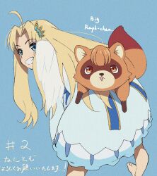  1girl ahoge animal_on_ass barefoot bird_girl bird_wings blonde_hair blue_dress blue_eyes blush_stickers commentary_request dress english_text feathered_wings filo_(tate_no_yuusha_no_nariagari) from_behind full_body grin hair_ornament highres kotori_note long_hair looking_at_breasts looking_at_viewer looking_back mixed-language_text numbered official_artist_extra parted_bangs raph-chan smile solo squatting straight_hair tanuki tate_no_yuusha_no_nariagari translation_request white_wings wing_hair_ornament wings 