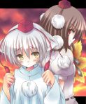  black_hair hat inubashiri_momiji red_eyes shameimaru_aya short_hair silver_hair suzuki_(chidori) touhou wolf_ears yellow_eyes 