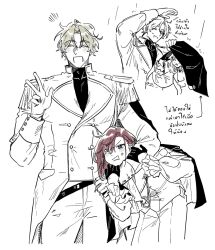  1boy 1girl anger_vein arm_around_neck arm_up blonde_hair blush cape closed_eyes covered_collarbone cowboy_shot epaulettes frilled_sleeves frills gloves hair_over_one_eye hands_on_another's_arm highres jacket leaning_forward long_hair long_sleeves looking_to_the_side medium_hair one_eye_closed open_mouth original pants rain red_hair shirt short_hair simple_background sketch spot_color thai_text three-finger_salute translation_request unholymilk very_long_hair violet_eyes wet white_background yellow_eyes 