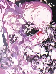  1girl blush cherry_blossoms commentary_request dark_background falling_petals flower glowing hair_ornament hatsune_miku headset highres looking_at_viewer pastel_colors petals pink_eyes pink_hair pink_theme portrait sakura_miku solo sparkle twintails vocaloid yuyufufu 