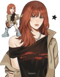  1girl arm_behind_back black_shirt blue_eyes blush brown_eyes brown_hair brown_jacket chibi chibi_inset chin_piercing collarbone commentary different_(le_sserafim) face_piercing fearnaty guitar hand_on_own_arm highres holding holding_guitar holding_instrument huh_yunjin instrument jacket k-pop le_sserafim looking_at_viewer medium_hair off_shoulder open_mouth piercing real_life realistic shirt solo_focus star_(symbol) upper_body white_background 