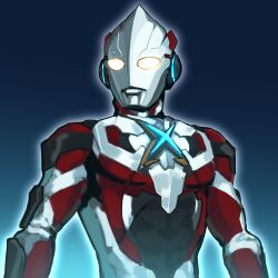  1boy abs absurdres alien arm_guards armor blue_background chest_guard color_timer colored_skin commentary compound_eyes dorsal_fin giant giant_male glowing glowing_eyes gradient_background grey_skin highres large_pectorals looking_ahead male_focus multicolored_skin muscular muscular_male no_pupils outline pectorals red_skin shoulder_armor silver_skin solo tokusatsu tuck_(tuck23978434) ultra_series ultraman_x ultraman_x_(series) upper_body white_eyes white_outline wrinkled_skin 