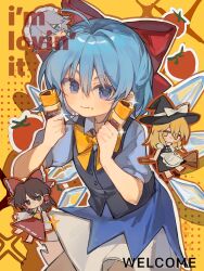  4girls apron ascot black_vest blonde_hair blue_bow blue_dress blue_eyes blue_hair bow bowtie braid broom broom_riding brown_eyes brown_hair cirno closed_mouth detached_sleeves detached_wings dress english_text food food_on_face frilled_bow frilled_hair_tubes frills grey_shirt hair_bow hair_tubes hakurei_reimu hat hat_bow highres holding holding_food ice ice_wings izayoi_sakuya kirisame_marisa long_hair looking_at_viewer mcdonald's mini_person minigirl multiple_girls puffy_short_sleeves puffy_sleeves red_bow red_skirt ribbon-trimmed_sleeves ribbon_trim shang_bu shirt short_sleeves side_braid single_braid skirt skirt_set smile tomato touhou vest waist_apron white_bow wings witch_hat yellow_ascot yellow_bow yellow_bowtie yellow_eyes 