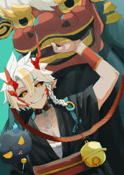  1boy absurdres animal_collar black_sclera braid collar colored_sclera commentary_request earrings gensyuuu green_background grin hair_between_eyes highres ibaraki_douji_(onmyoji) japanese_clothes jewelry lion_dance looking_at_viewer male_focus onmyoji pointy_ears short_hair smile white_hair yellow_eyes 