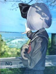  1girl alternate_costume black_bow black_sailor_collar black_serafuku black_skirt blue_sky blurry blurry_background bow commentary contemporary from_behind highres konpaku_youmu neckerchief neruko_(piano00324) ocean outdoors pleated_skirt pointing red_neckerchief sailor_collar school_uniform serafuku skirt sky solo touhou white_hair youmu_day 