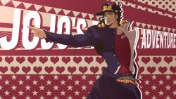  1boy absurdres belt black_hair black_hat black_pants chain commentary copyright_name earrings english_commentary gakuran genda_art green_eyes hat heart high_collar highres jewelry jojo_no_kimyou_na_bouken jojo_pose kujo_jotaro kujo_jotaro's_pose long_coat male_focus multiple_belts pants peaked_cap pointing red_shirt school_uniform shirt solo star_(symbol) stardust_crusaders stud_earrings 