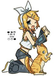  1girl animal arm_warmers black_shorts blonde_hair blue_eyes bow breasts cat commentary fang gagwan hair_ornament hairclip headphones headset highres kagamine_rin korean_text leg_warmers looking_at_viewer neckerchief one_eye_closed open_mouth paw_pose short_hair shorts simple_background small_breasts treble_clef untranslatable_commentary vocaloid white_background white_bow yellow_neckerchief yellow_trim 