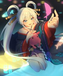  1girl bare_shoulders blue_eyes blue_nails cho_kaguya-hime! daifuku_um fish hair_ornament hair_rings hair_stick hand_on_own_chest hand_up highres japanese_clothes kimono long_hair multicolored_eyes multicolored_hair open_mouth purple_kimono runami_yachiyo sea_slug seiza sitting smile two-tone_eyes two-tone_hair very_long_hair white_hair 