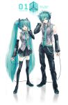  boots clone detached_sleeves dual_persona genderswap green_hair hand_on_headphones hatsune_miku hatsune_mikuo headphones long_hair necktie pants stecky thigh-highs thigh_boots thighhighs twintails very_long_hair vocaloid 