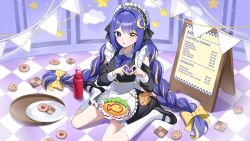  1girl :o absurdres apron black_dress black_shoes blonde_streaks blue_eyes blurry blurry_background bottle character_request checkered_floor clothing_cutout collar collared_dress commentary_request commission cookie copyright_request crescent crescent_facial_mark crescent_hair_ornament dot_nose dress dropped_food facial_mark facing_to_the_side food four-finger_heart_hands frilled_apron frills hair_ornament heart heart_hands heterochromia highres indoors kneehighs long_hair maid maid_apron maid_headdress menu menu_board multicolored_hair parted_lips plate prock purple_hair purple_ribbon ribbon shoes shoulder_cutout sitting socks solo streaked_hair tray very_long_hair wariza white_collar white_socks yellow_eyes yellow_ribbon 