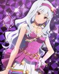  1girl artist_request blush diamond dress hairband idolmaster idolmaster_million_live! jewelry long_hair necklace official_art red_eyes shijou_takane silver_hair skirt smile solo sparkle star 