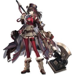  1girl animal_ears arknights bear_ears bear_girl belt blue_coat blue_eyes blunt_bangs brown_belt brown_coat brown_hair brown_jacket brown_shoes chain cleavage_cutout closed_mouth clothing_cutout coat coat_partially_removed collared_dress cropped_jacket detached_sleeves dress five-fall full_body fur-trimmed_coat fur-trimmed_leg_warmers fur_hat fur_trim grey_dress grey_leg_warmers hammer hand_up hat highres holding holding_hammer holding_ribbon jacket leg_warmers long_hair looking_at_viewer multicolored_coat multicolored_hair neckerchief non-web_source official_art open_clothes open_coat open_jacket oversized_clothes papakha pleated_dress pocket red_hair red_neckerchief red_ribbon red_thighhighs ribbed_thighhighs ribbon shoes short_dress sidelocks simple_background sleeve_zipper solo standing streaked_hair tachi-e thigh-highs thigh_strap tilted_headwear transparent_background two-tone_coat two-tone_hair war_hammer weapon wide_sleeves zettai_ryouiki zima_(arknights) zima_the_raging_tide_(arknights) zipper zipper_pull_tab 