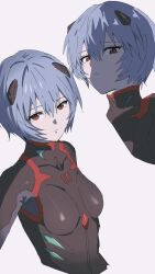  1girl ayanami_rei black_bodysuit blue_hair bodysuit breasts closed_mouth commentary covered_collarbone cropped_shoulders cropped_torso evangelion:_3.0_you_can_(not)_redo face_in_shadow hair_between_eyes half-closed_eyes headset highres interface_headset_(evangelion) looking_at_viewer mecha_pilot_suit multiple_views neon_genesis_evangelion number_print plugsuit_(evangelion) rebuild_of_evangelion red_eyes ru_neko_ru short_hair simple_background small_breasts untranslatable_commentary white_background 