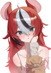  1girl 1other absurdres alternate_costume animal_ears black_streaks blue_eyes blush collarbone commentary dress hakos_baelz hand_on_another's_face highres hololive hololive_english long_hair looking_at_viewer messy_hair mouse_ears mouse_girl multicolored_hair pink_dress red_hair single_bare_shoulder sooby600211 streaked_hair upper_body virtual_youtuber white_streaks 