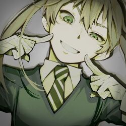  1girl absurdres blonde_hair collared_shirt commentary crazy_eyes crazy_smile english_commentary fingers_to_cheeks gloves green_eyes green_necktie grid_teeth grin half-closed_eye hands_up head_tilt highres index_fingers_raised kaligraphy looking_at_viewer maka_albarn necktie shirt short_twintails signature smile solo soul_eater striped_clothes striped_necktie teeth twintails white_gloves 