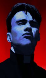  1boy absurdres blue_skin clerical_collar closed_mouth colored_skin demermio faith_(game) highres john_ward male_focus nose priest realistic red_background short_hair simple_background solo upper_body 