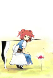  1girl black_shoes blue_dress bow commentary_request dress flower holding holding_scythe jitome looking_at_object looking_to_the_side medium_hair onozuka_komachi open_mouth puffy_short_sleeves puffy_sleeves red_eyes red_hair sash scythe sergei_(pattundo) shoes short_sleeves short_twintails smile solo spider_lily squatting tiptoes touhou twintails two-tone_background waist_bow waist_sash white_background white_bow yellow_background 