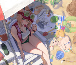  3girls absurdres animal_ears ball beach_towel beachball bikini blonde_hair bottle breasts brown_hair bucket cat_ears commentary dooby dooby_(summer) english_commentary eyewear_on_head flower-shaped_eyewear from_above green_bikini green_eyes halfbakelim highres indie_virtual_youtuber innertube large_breasts life_vest lotion multiple_girls navel nimi_nightmare nimi_nightmare_(lifeguard) oxygen_tank parasol partially_buried sameko_saba sand_castle sand_sculpture shovel side_ponytail sitting squatting sunglasses sunscreen swim_ring swimsuit tail towel umbrella virtual_youtuber visor_cap whistle whistle_around_neck 