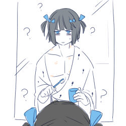  1boy ? bags_under_eyes bathrobe black_hair blue_eyes blue_ribbon blunt_bangs bob_cut bruno_bucciarati commentary_request cup holding holding_cup jojo_no_kimyou_na_bouken looking_at_mirror luminous_slime male_focus messy_hair mirror no_nose partially_colored ribbon short_hair sweatdrop toothbrush two_side_up vento_aureo 