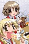  blush brown_eyes brown_hair cake food fork fruit hair_ornament hairclip hidamari_sketch miyako pastry pocky potato_chips school_uniform short_hair strawberries strawberry yellow_eyes yuno 