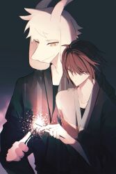  1boy 1other absurdres adoptive_siblings androgynous animal_ears asriel_dreemurr black_kimono brown_hair chinese_commentary commentary_request deltarune fireworks furry furry_male goat_boy goat_ears goat_horns highres hikokisleep247 holding holding_fireworks horns japanese_clothes kimono kris_(deltarune) night red_eyes siblings tall_male utdr_(toby_fox) yellow_eyes 