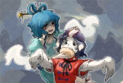  2girls black_ribbon blue_dress blue_hair commentary_request dress feeding food food_on_face hagoromo hair_ornament hair_rings hair_stick hat_ornament highres jiangshi kaku_seiga lace-trimmed_sleeves lace_trim menotama miyako_yoshika multiple_girls neck_ribbon ofuda open_clothes open_mouth open_vest outstretched_arms red_shirt ribbon romaji_commentary shaded_face shawl shirt short_hair short_sleeves smile star_(symbol) star_hat_ornament steamed_bun touhou upper_body vest white_vest zombie_pose 