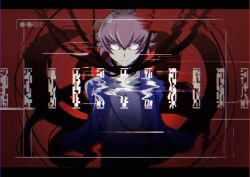  1boy arms_behind_back atltax_00 black_pants blue_shirt blue_sweater border cable cardigan cowboy_shot expressionless facing_viewer glitch glowing glowing_eyes kusanagi_jin letterboxed looking_ahead male_focus open_cardigan open_clothes ornate_border pants purple_hair recording red_background rope_around_neck shirt sweater violet_eyes wire yu-gi-oh! yu-gi-oh!_vrains 