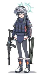  1girl akm alternate_costume altyn_helmet aqua_halo assault_rifle black_eyes black_gloves black_hair black_thighhighs blue_archive boots bulletproof_vest check_weapon cocktiel77 combat_helmet commentary_request fur-trimmed_boots fur_trim gloves gun halo hard_hat helmet highres holding holding_gun holding_weapon kalashnikov_rifle korean_commentary long_hair looking_at_viewer minori_(blue_archive) open_mouth pleated_skirt red_winter_federal_academy_logo rifle rocket_launcher rpg-27 skirt standing thigh-highs weapon weapon_request white_helmet white_skirt 