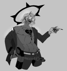  1boy black_halo blue_horns colored_skin fingerless_gloves gloves grey_hair greyscale guilty_gear guilty_gear_strive halo happy_chaos highres horns monochrome scribbora smile solo spiked_halo tattoo tinted_eyewear x-shaped_eyewear 