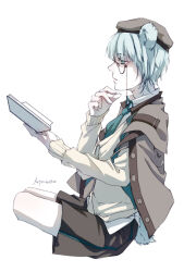  1boy animal_ears arknights bear_boy bear_ears bear_girl bear_tail beret bishounen blue_eyes blue_hair blue_necktie book brown_hat brown_jacket brown_shorts commentary_request cropped_legs from_side genderswap genderswap_(ftm) hat highres holding holding_book istina_(arknights) jacket jacket_on_shoulders ljayu long_sleeves male_focus monocle necktie open_book profile reading shirt short_hair shorts signature simple_background sitting solo sweater tail white_background white_shirt 