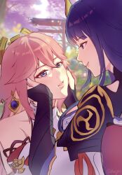  2girls animal_ears bare_shoulders braid fan_hair_ornament floppy_ears fox_ears genshin_impact highres japanese_clothes kimono long_braid long_hair low-braided_long_hair low-tied_long_hair multiple_girls outdoors pink_hair purple_hair purple_kimono purple_nails raiden_shogun tchauu26 tomoe_(symbol) violet_eyes yae_miko yuri 