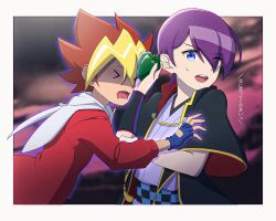  >_< 2boys atltax_00 bell_pepper black_coat blue_eyes blue_gloves border clouds cloudy_sky coat colored_bangs drooling evening eyes_visible_through_hair facing_another fingerless_gloves food gloves hair_slicked_back hand_up highres holding holding_food holding_vegetable japanese_clothes kimono looking_to_the_side male_focus multiple_boys ohdo_yuga open_clothes open_coat open_mouth outdoors outstretched_arms partially_shaded_face purple_hair purple_kimono red_coat red_hair sky sougetsu_gakuto swept_bangs teeth turning_head upper_body upper_teeth_only vegetable white_border white_hood yu-gi-oh! yu-gi-oh!_sevens 