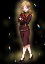  1girl blue_eyes brown_hair char's_counterattack commentary_request crossed_arms gundam highres ikebukuro_maria long_hair military_uniform nanai_miguel neo_zeon red_lips science_fiction skirt 