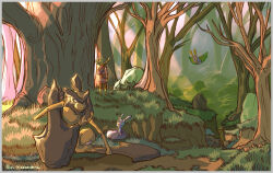  1boy alpha_pokemon autobottesla closed_mouth commentary_request cowboy_hat dustox eye_trail from_behind full_body grass hat highres hisuian_sliggoo kleavor lian_(pokemon) light_trail nostrils open_mouth outdoors pokemon pokemon_(creature) pokemon_legends:_arceus rock smile standing tree 