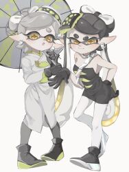  2girls :o black_dress black_gloves black_hair black_shoes blonde_hair bow-shaped_hair callie_(alterna)_(splatoon) callie_(splatoon) closed_mouth commentary_request cousins dress food food_on_head gloves gradient_hair grey_pantyhose hand_on_own_hip highres holding holding_umbrella inkling k_as_u long_hair looking_at_viewer marie_(alterna)_(splatoon) marie_(splatoon) multicolored_hair multiple_girls object_on_head open_mouth pantyhose shoes short_dress short_eyebrows simple_background smile splatoon_(series) splatoon_3 sushi thick_eyebrows two-tone_hair umbrella very_long_hair white_background white_pantyhose 