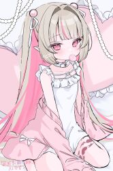 1girl alternate_costume belt belt_collar blunt_bangs cardigan collar colored_inner_hair dress flat_chest frills grey_hair hair_intakes half_updo highres leg_tattoo long_hair makaino_ririmu multicolored_hair nijisanji open_cardigan open_clothes pink_cardigan pink_eyes pink_hair pink_streaks pointy_ears ribbon sitting sleeveless sleeveless_dress streaked_hair tattoo warewa_tanaka wariza white_belt white_dress winged_heart winged_heart_tattoo 
