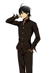  absurdres ahoge araragi_koyomi arm_up bakemonogatari black_hair black_pants black_shirt feet_out_of_frame grey_background grey_eyes hair_between_eyes hand_in_pocket highres kakukakusan looking_at_viewer male_focus monogatari_(series) naoetsu_high_school_uniform pants parted_lips school_uniform shadow shirt short_hair simple_background smile 
