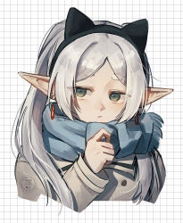  1girl absurdres animal_ear_hairband animal_ears arc_pic blue_scarf bow cat_day cat_ear_hairband cat_ears commentary_request earrings elf fake_animal_ears floating_earrings frieren green_eyes hairband hand_up highres jewelry looking_to_the_side parted_bangs pointy_ears portrait scarf scarf_bow simple_background solo sousou_no_frieren teardrop_earrings twintails white_background white_hair 