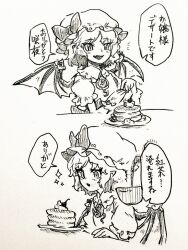  1girl bat_wings blush bow collared_shirt commentary_request cup fang food frilled_shirt_collar frills hat hat_bow menotama mob_cap multi-source_commentary open_mouth pancake pancake_stack plate pointy_ears pouring puffy_short_sleeves puffy_sleeves remilia_scarlet shirt short_sleeves skin_fang smile sparkle speech_bubble tea teacup touhou traditional_media translation_request wings 