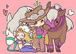  2boys absurdres beanie beard belt belt_buckle blonde_hair blue_pants blue_sleeves bridal_gauntlets brown_hat brown_pants buckle cape chibi chibi_only closed_eyes english_commentary facial_hair goggles goggles_on_headwear green_eyes grey_belt grey_hair gyro_zeppeli hand_on_another's_head hat heart heart_ornament highres hood hood_down hoodie horse horseshoe_hat_ornament horseshoe_ornament johnny_joestar jojo_no_kimyou_na_bouken kneeling m_a_a_m_8 medium_hair multiple_boys pants purple_bridal_gauntlets purple_mask purple_shirt redrawn reins shirt slow_dancer_(jojo) smile spurs standing star_(symbol) star_print steel_ball_run surprised two-tone_sleeves valkyrie valkyrie_(jojo) white_hat white_hoodie white_sleeves wristband yellow_cape 