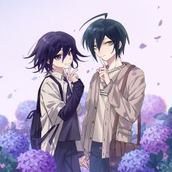  2boys ahoge backpack bag black_bag black_hair black_pants black_shirt blue_flower blush brown_bag brown_eyes commentary_request danganronpa_(series) danganronpa_v3:_killing_harmony flower grey_shirt hair_between_eyes highres index_finger_raised long_sleeves multiple_boys official_alternate_costume oma_kokichi open_clothes open_shirt pants petals saihara_shuichi shirt short_hair shoulder_bag smile tujiang6 violet_eyes white_background 